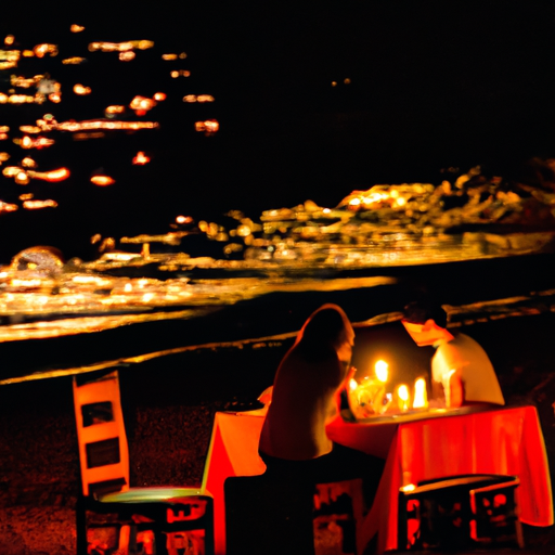 תמונה המציגה זוג נהנה מארוחת ערב לאור נרות על חוף הים באנטליה.