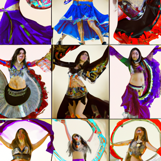 3. קולאז' של רקדניות בטן בתלבושות בנושאים שונים, המדגים את הרבגוניות של צורת הריקוד.