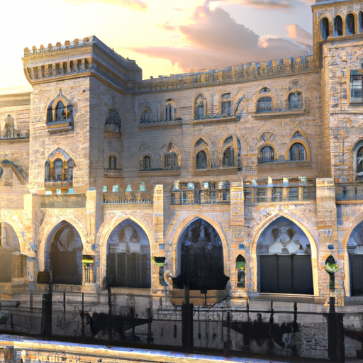 1. תמונה המציגה את המראה החיצוני המפואר של מלון המלך דוד, עם ארכיטקטורת האבן שלו המשקפת את אור השמש הירושלמי הזהוב.
