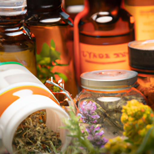 תמונה של בקבוקי רפואה מודרנית לצד מגוון צמחי מרפא